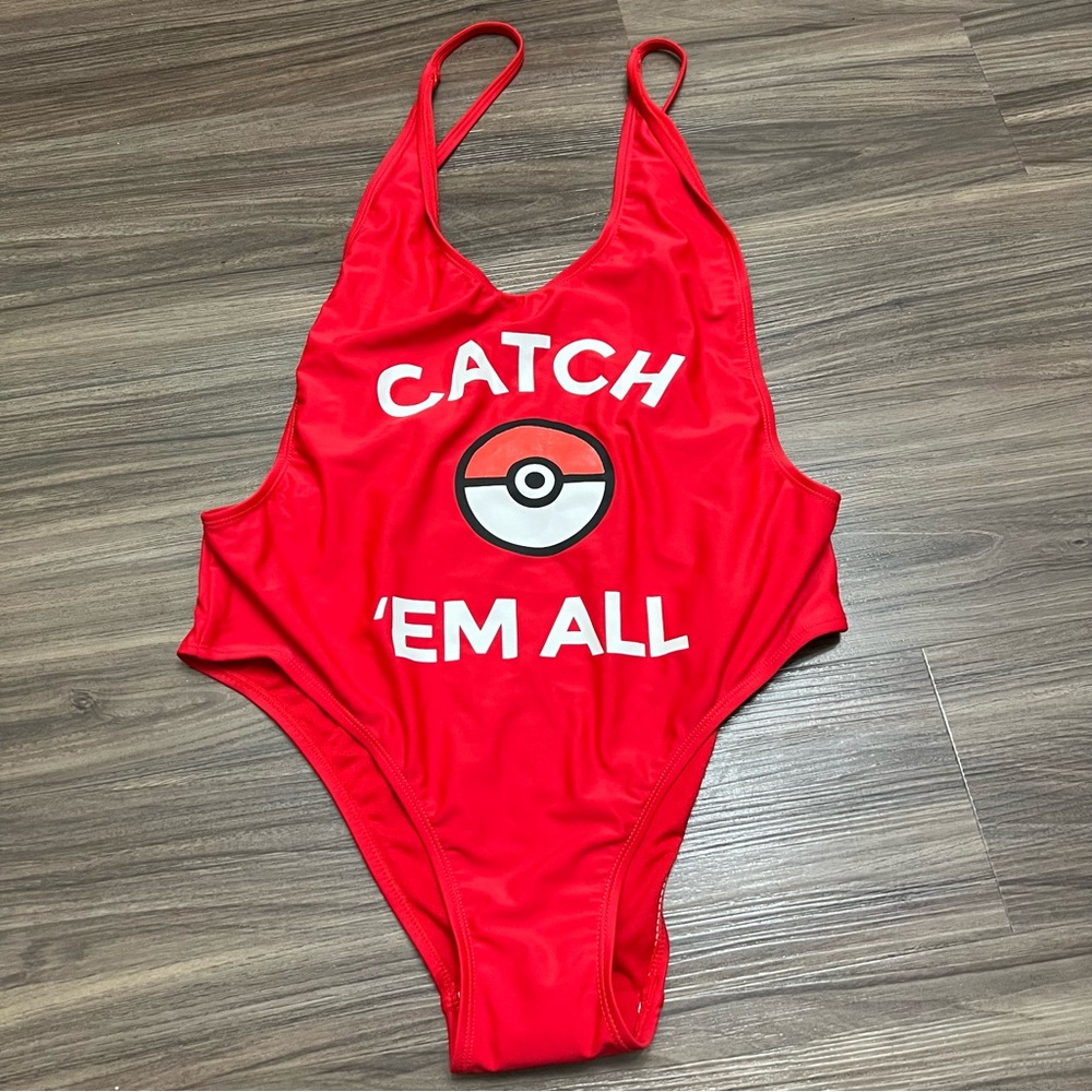 Catch em All Pokémon one piece swim wear red sz L